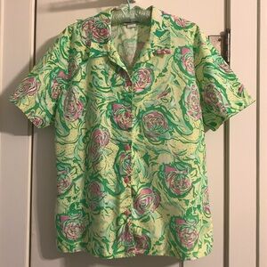 Sanibel Sport SS Button Down blouse Tropical Floral Vibes, Cotton blend, Florida